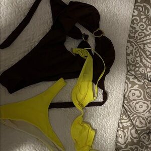 SHEIN Neon Yellow & Chocolate Brown Two-Piece Bikini Set